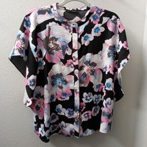 DKNY Black and Pink Floral Button Down Shirt